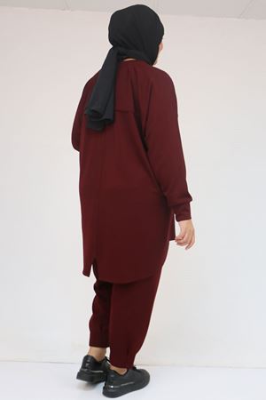 47093 Büyük Beden Eteği Parça Detaylı Pantolonlu Modal Takım - Bordo