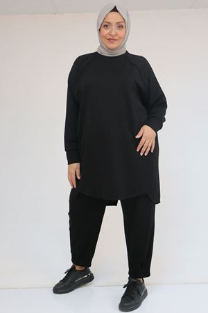 47093 Büyük Beden Eteği Parça Detaylı Pantolonlu Modal Takım - Siyah