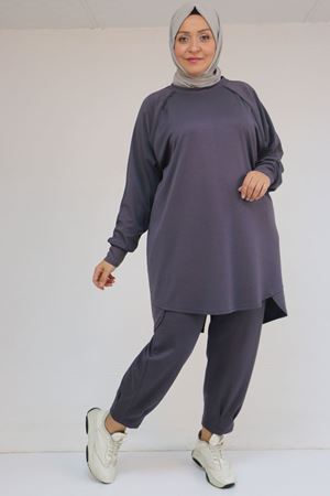 47093 Büyük Beden Eteği Parça Detaylı Pantolonlu Modal Takım - Antrasit