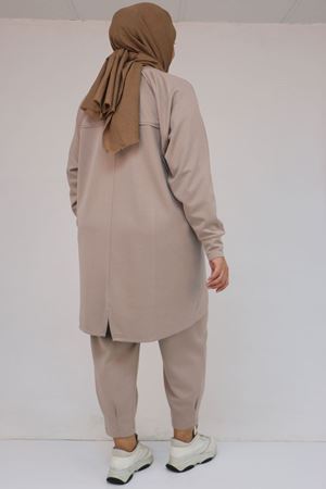 47093 Büyük Beden Eteği Parça Detaylı Pantolonlu Modal Takım - Vizon