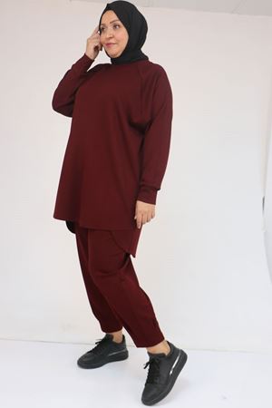 47093 Büyük Beden Eteği Parça Detaylı Pantolonlu Modal Takım - Bordo