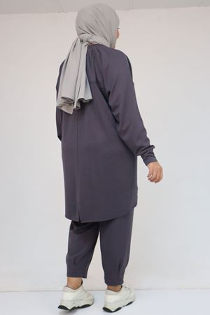 47093 Büyük Beden Eteği Parça Detaylı Pantolonlu Modal Takım - Antrasit