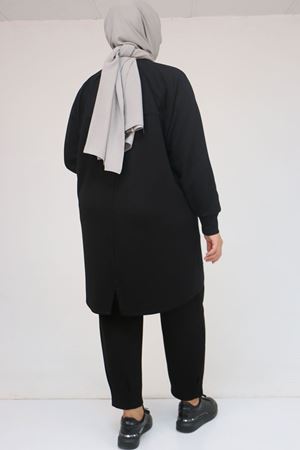 47093 Büyük Beden Eteği Parça Detaylı Pantolonlu Modal Takım - Siyah