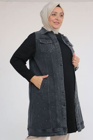 54007 Büyük Beden Çift Cepli İnci Çakmalı Kot Yelek - Kar Ykama Siyah