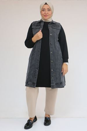 54007 Büyük Beden Çift Cepli İnci Çakmalı Kot Yelek - Kar Ykama Siyah
