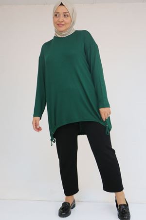 58150 Büyük Beden Kuş Gözü Bağlama Detaylı Çilek Tunik - Zümrüt