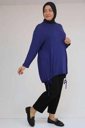 58150 Büyük Beden Kuş Gözü Bağlama Detaylı Çilek Tunik - İndigo