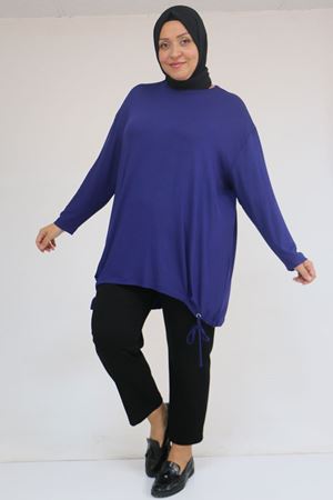 58150 Büyük Beden Kuş Gözü Bağlama Detaylı Çilek Tunik - İndigo