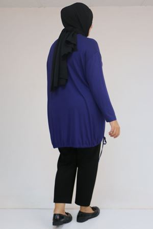 58150 Büyük Beden Kuş Gözü Bağlama Detaylı Çilek Tunik - İndigo
