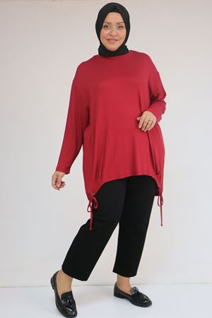 58150 Büyük Beden Kuş Gözü Bağlama Detaylı Çilek Tunik - Bordo