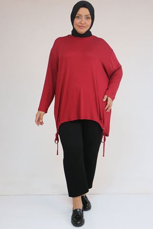 58150 Büyük Beden Kuş Gözü Bağlama Detaylı Çilek Tunik - Bordo