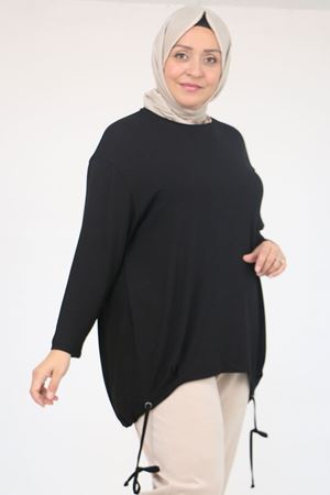 58150 Büyük Beden Kuş Gözü Bağlama Detaylı Çilek Tunik - Siyah