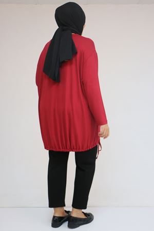 58150 Büyük Beden Kuş Gözü Bağlama Detaylı Çilek Tunik - Bordo