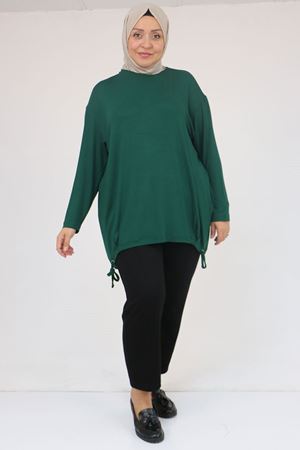 58150 Büyük Beden Kuş Gözü Bağlama Detaylı Çilek Tunik - Zümrüt