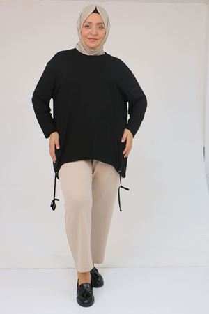 58150 Büyük Beden Kuş Gözü Bağlama Detaylı Çilek Tunik - Siyah