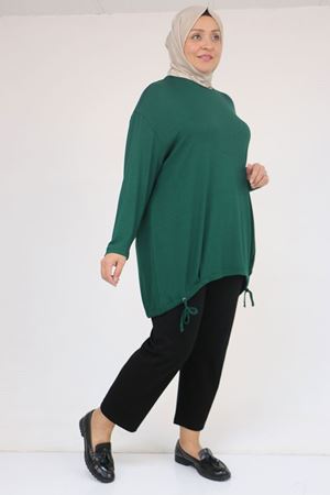 58150 Büyük Beden Kuş Gözü Bağlama Detaylı Çilek Tunik - Zümrüt