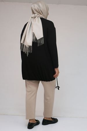 58150 Büyük Beden Kuş Gözü Bağlama Detaylı Çilek Tunik - Siyah