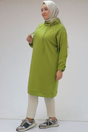 48105 Büyük Beden Boğazlı Yaka Kolu Lastikli Tunik - Yağ Yeşili