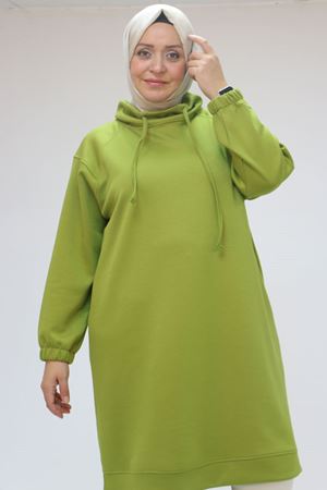 48105 Büyük Beden Boğazlı Yaka Kolu Lastikli Tunik - Yağ Yeşili
