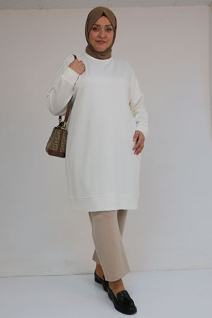 58151 Büyük Beden Kol Ve Etek Ucu Kendinden Ribanalı Modal Tunik - Ekru