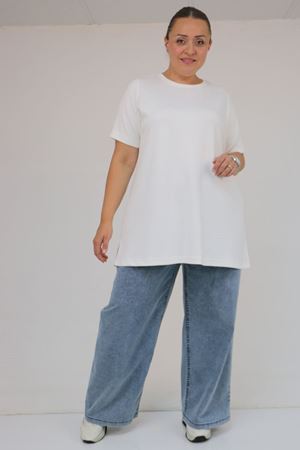 58508  Büyük Beden Yakası Biyeli Modal Tişört - Ekru