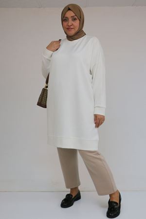 58151 Büyük Beden Kol Ve Etek Ucu Kendinden Ribanalı Modal Tunik - Ekru