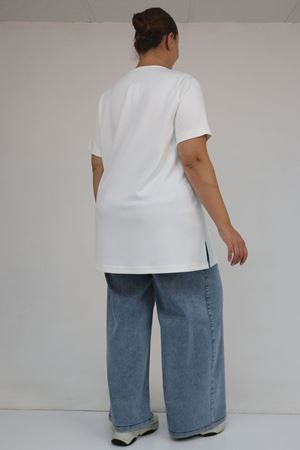 58508  Büyük Beden Yakası Biyeli Modal Tişört - Ekru