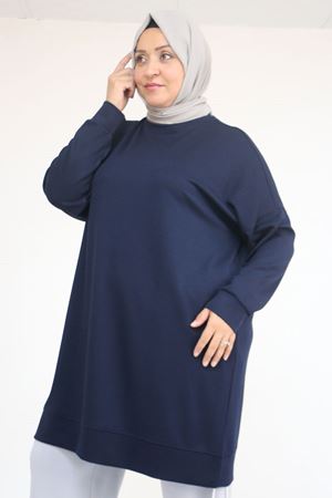 58151 Büyük Beden Kol Ve Etek Ucu Kendinden Ribanalı Modal Tunik - Lacivert