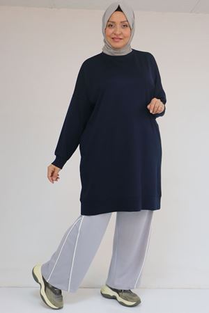 58151 Büyük Beden Kol Ve Etek Ucu Kendinden Ribanalı Modal Tunik - Lacivert
