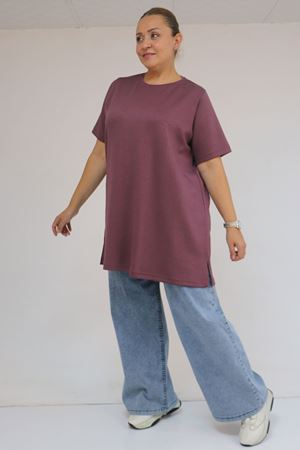 58508  Büyük Beden Yakası Biyeli Modal Tişört - Gül Kurusu