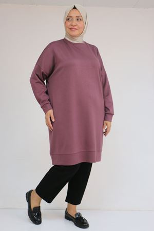 58151 Büyük Beden Kol Ve Etek Ucu Kendinden Ribanalı Modal Tunik - Gül Kurusu