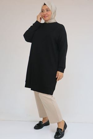 58151 Büyük Beden Kol Ve Etek Ucu Kendinden Ribanalı Modal Tunik - Siyah
