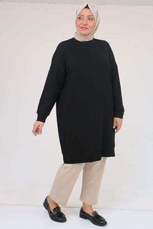 58151 Büyük Beden Kol Ve Etek Ucu Kendinden Ribanalı Modal Tunik - Siyah