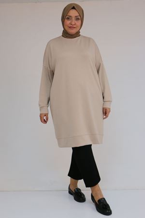58151 Büyük Beden Kol Ve Etek Ucu Kendinden Ribanalı Modal Tunik - Vizon