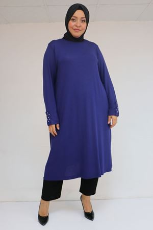 58115 Büyük Beden Kolunda Beyoğlu Detaylı Çilek Tunik - İndigo - kopya