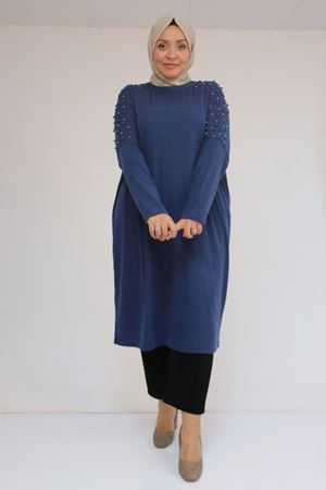 58152 Büyük Beden Düşükkol Omzu Taş Detaylı Mir Tunik - İndigo
