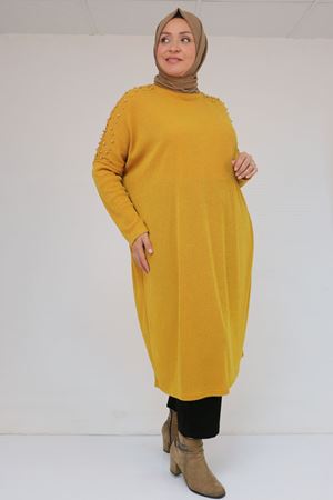 58152 Büyük Beden Düşükkol Omzu Taş Detaylı Mir Tunik - Hardal