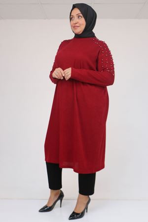 58152 Büyük Beden Düşükkol Omzu Taş Detaylı Mir Tunik - Bordo
