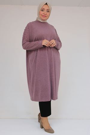 58152 Büyük Beden Düşükkol Omzu Taş Detaylı Mir Tunik - Gül Kurusu