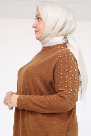 58152 Büyük Beden Düşükkol Omzu Taş Detaylı Mir Tunik - Taba