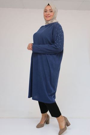 58152 Büyük Beden Düşükkol Omzu Taş Detaylı Mir Tunik - İndigo
