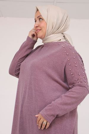 58152 Büyük Beden Düşükkol Omzu Taş Detaylı Mir Tunik - Gül Kurusu