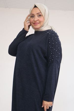 58152 Büyük Beden Düşükkol Omzu Taş Detaylı Mir Tunik - Lacivert