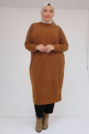 58152 Büyük Beden Düşükkol Omzu Taş Detaylı Mir Tunik - Taba