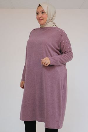 58152 Büyük Beden Düşükkol Omzu Taş Detaylı Mir Tunik - Gül Kurusu