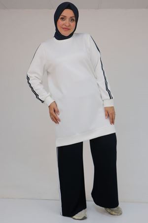 57059 Büyük Beden Alt-Üst Renk Kombinli Modal Pantolonlu Takım - Lacivert