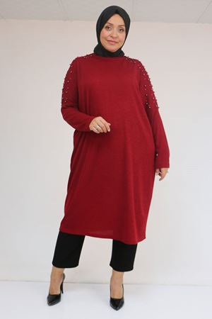 58152 Büyük Beden Düşükkol Omzu Taş Detaylı Mir Tunik - Bordo