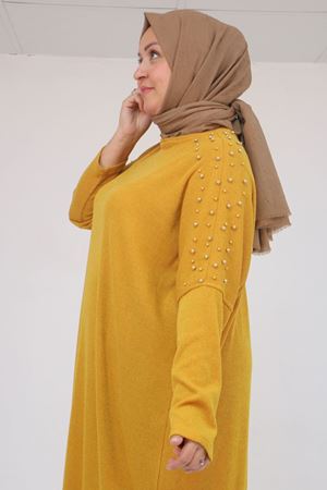 58152 Büyük Beden Düşükkol Omzu Taş Detaylı Mir Tunik - Hardal