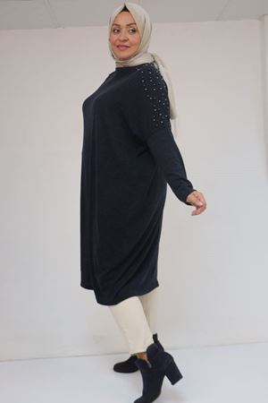 58152 Büyük Beden Düşükkol Omzu Taş Detaylı Mir Tunik - Lacivert