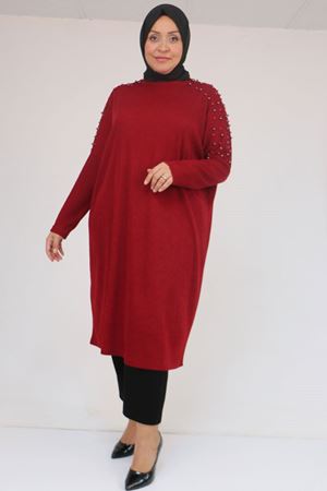 58152 Büyük Beden Düşükkol Omzu Taş Detaylı Mir Tunik - Bordo